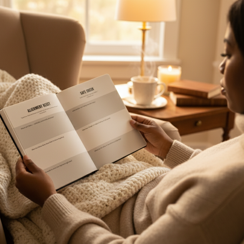 Person sitting in a cozy armchair reading a book with a warm blanket and candle in the background