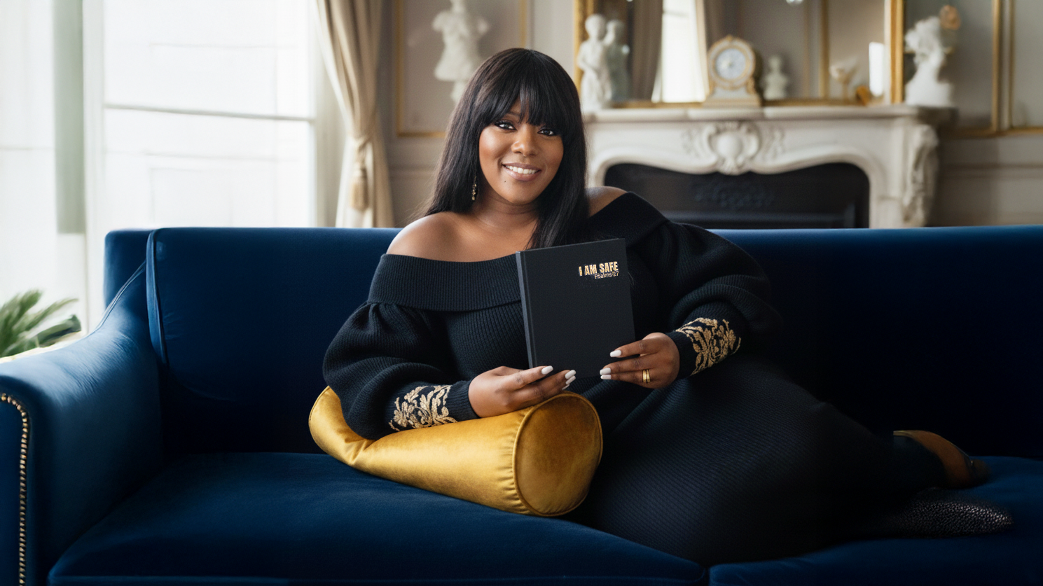Woman sitting on a blue couch holding a black book titled " I AM SAFE"  in a room with decorative elements.