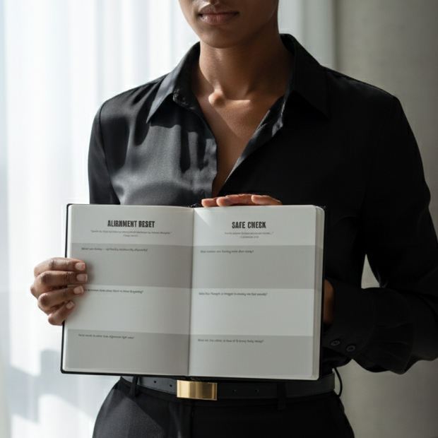 Person holding a journal in a room with curtains and a table.