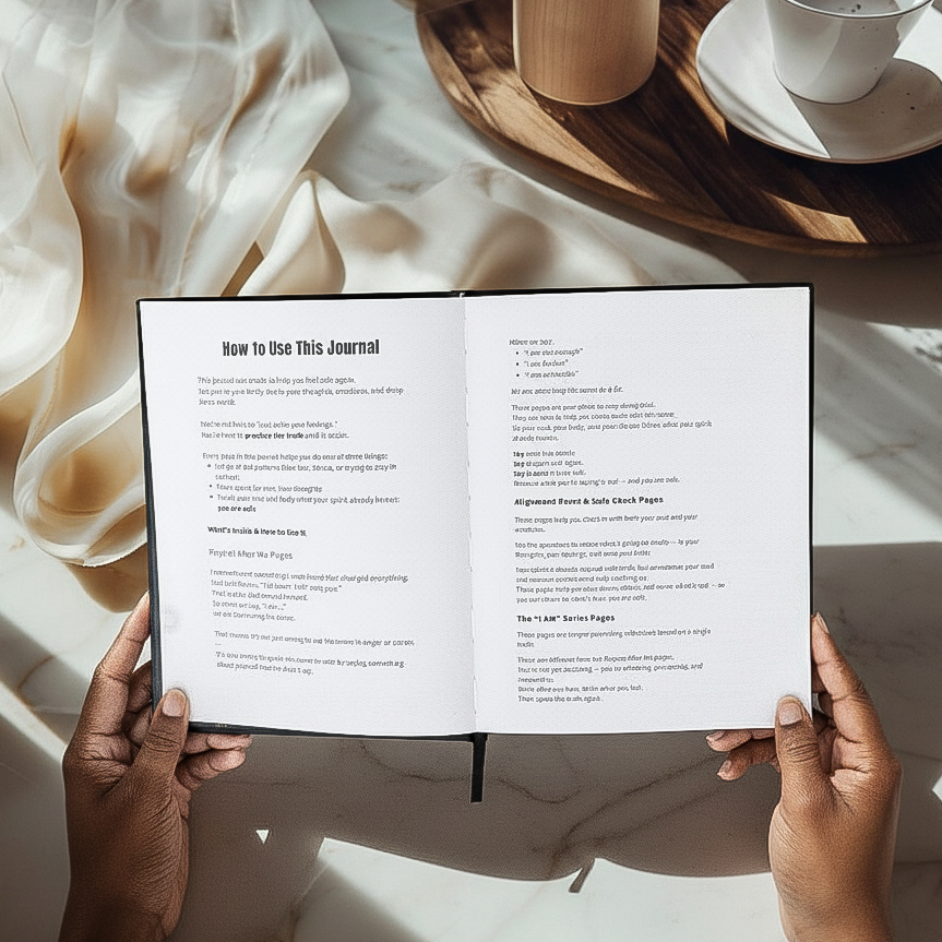 Person holding an open journal with a cup and plant on a tray in the background