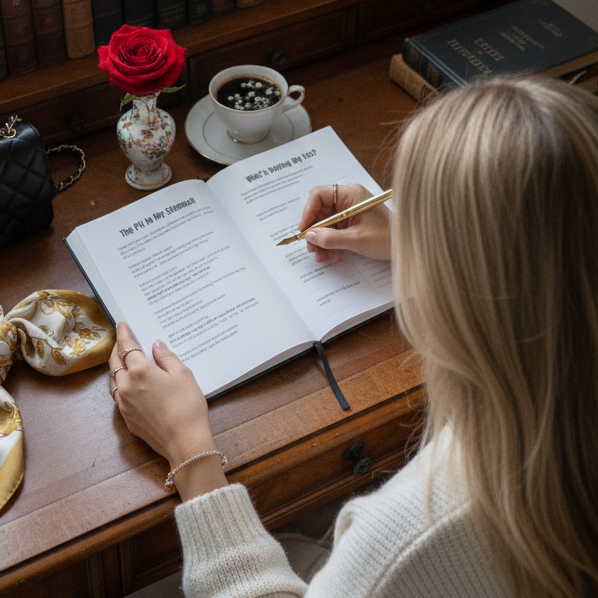 Person sitting at a desk with books and decorative items, writing in a notebook.