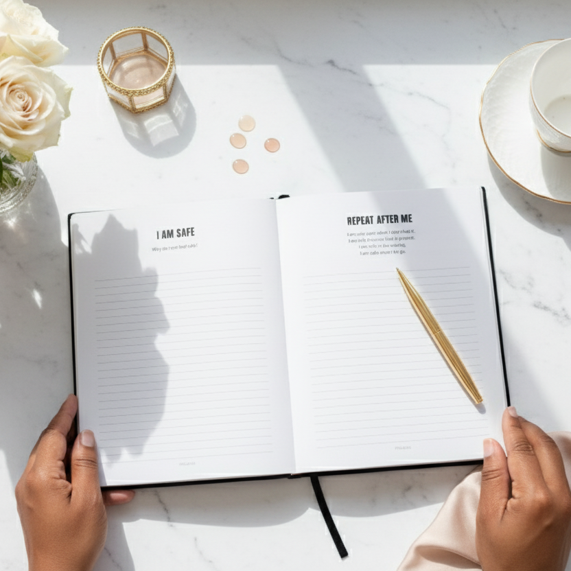 Open notebook on a table with flowers, tea cup, and hands holding the book.