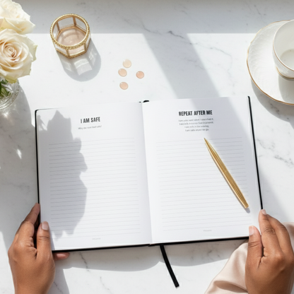 Open notebook on a table with flowers, tea cup, and hands holding the book.
