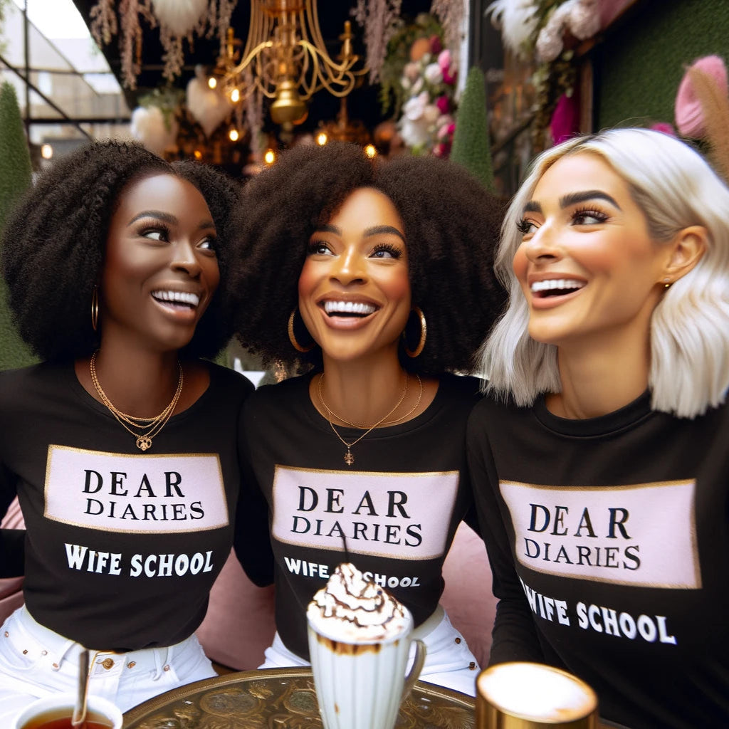 Four women wearing 'Dear Diaries Wife School' shirts sitting together.