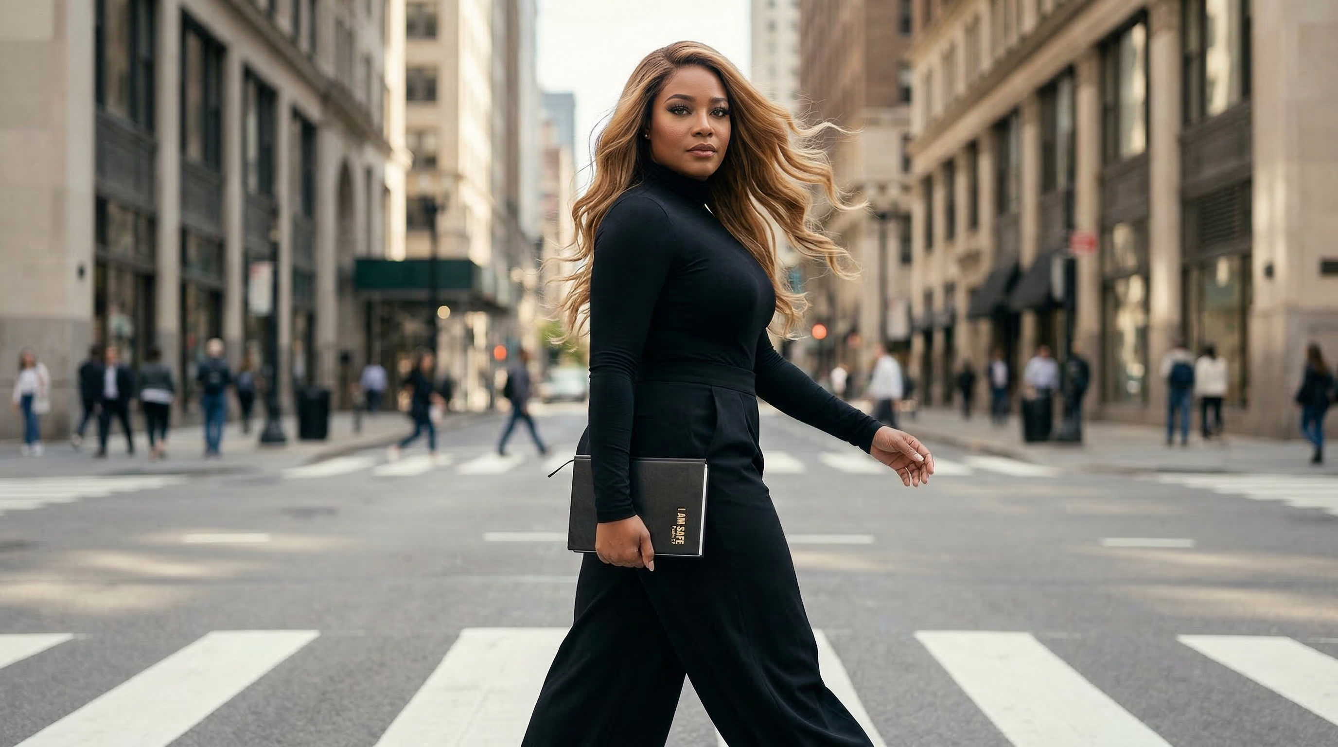Woman in a black outfit crossing a city street holding the I AM SAFE journal