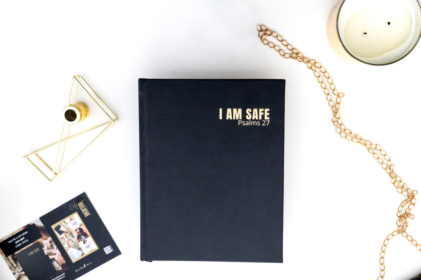 Front cover of the I AM SAFE journal in vegan leather with soft-touch gold foil text.