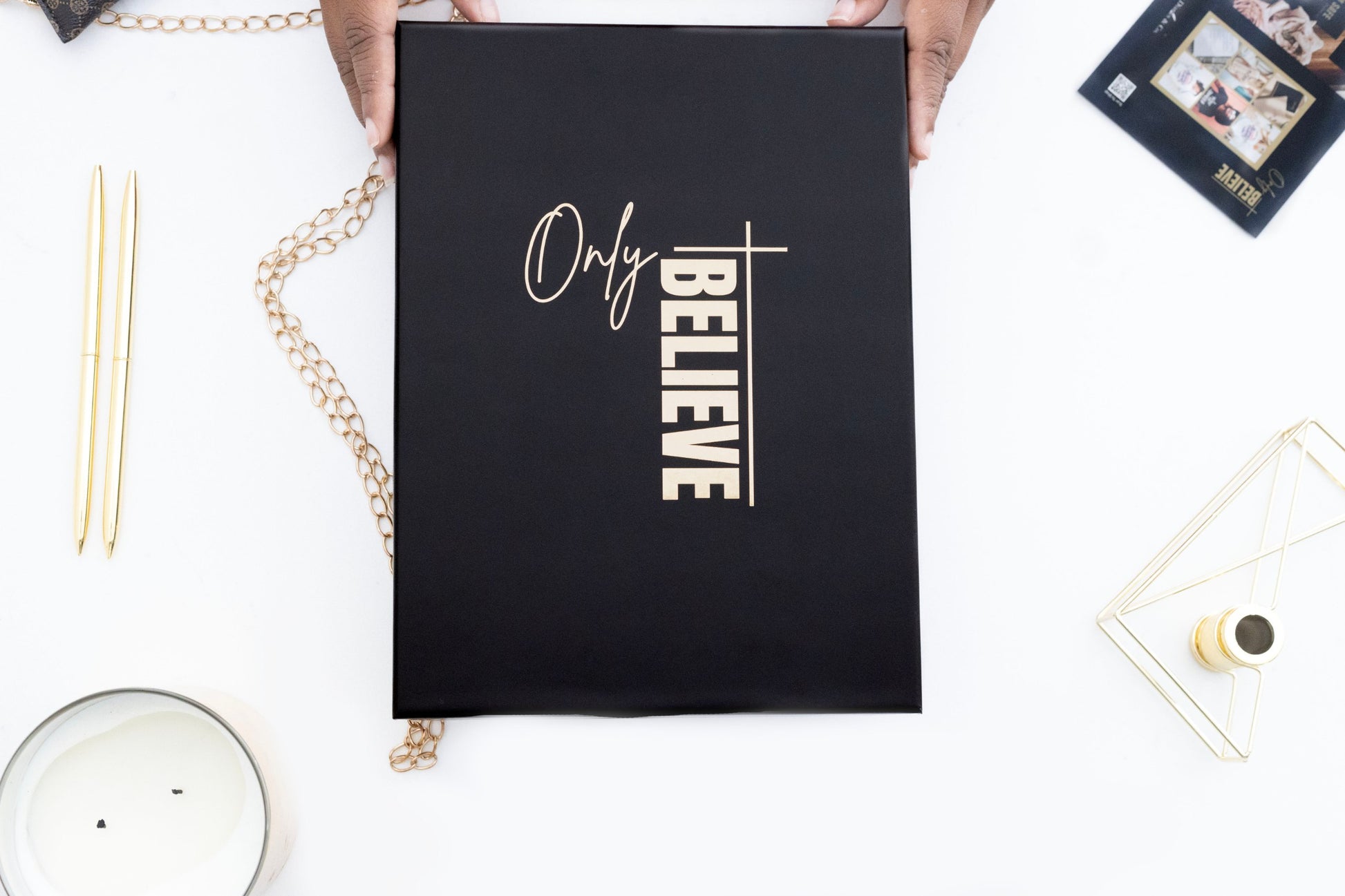 Elegant keepsake box included with the I AM SAFE journal — perfect for gifting with gold pens and dust bag inside.