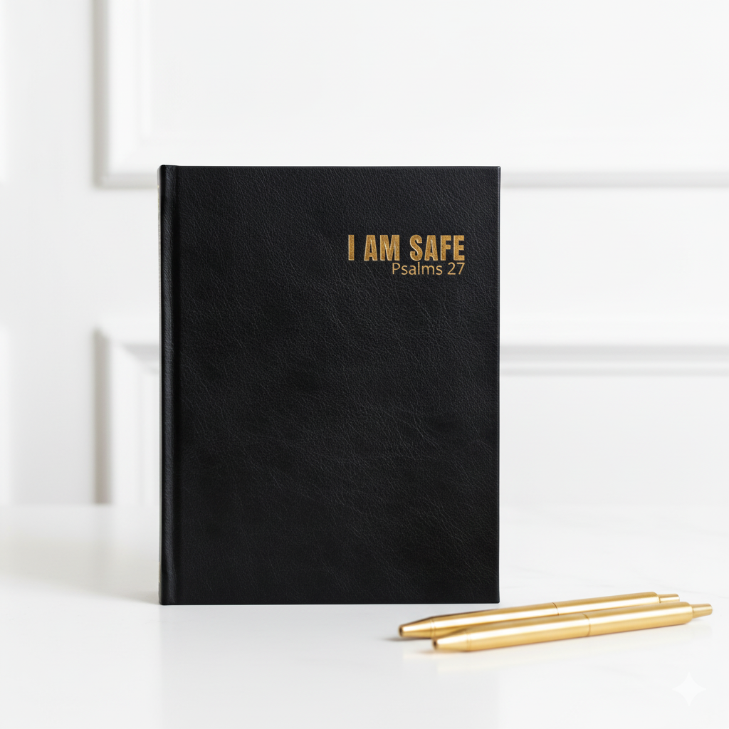 I Am Safe Journal standing upright. black leather