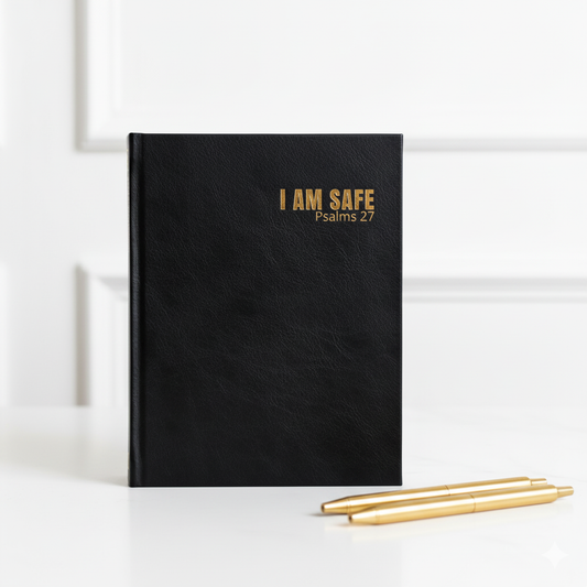 I Am Safe Journal standing upright. black leather
