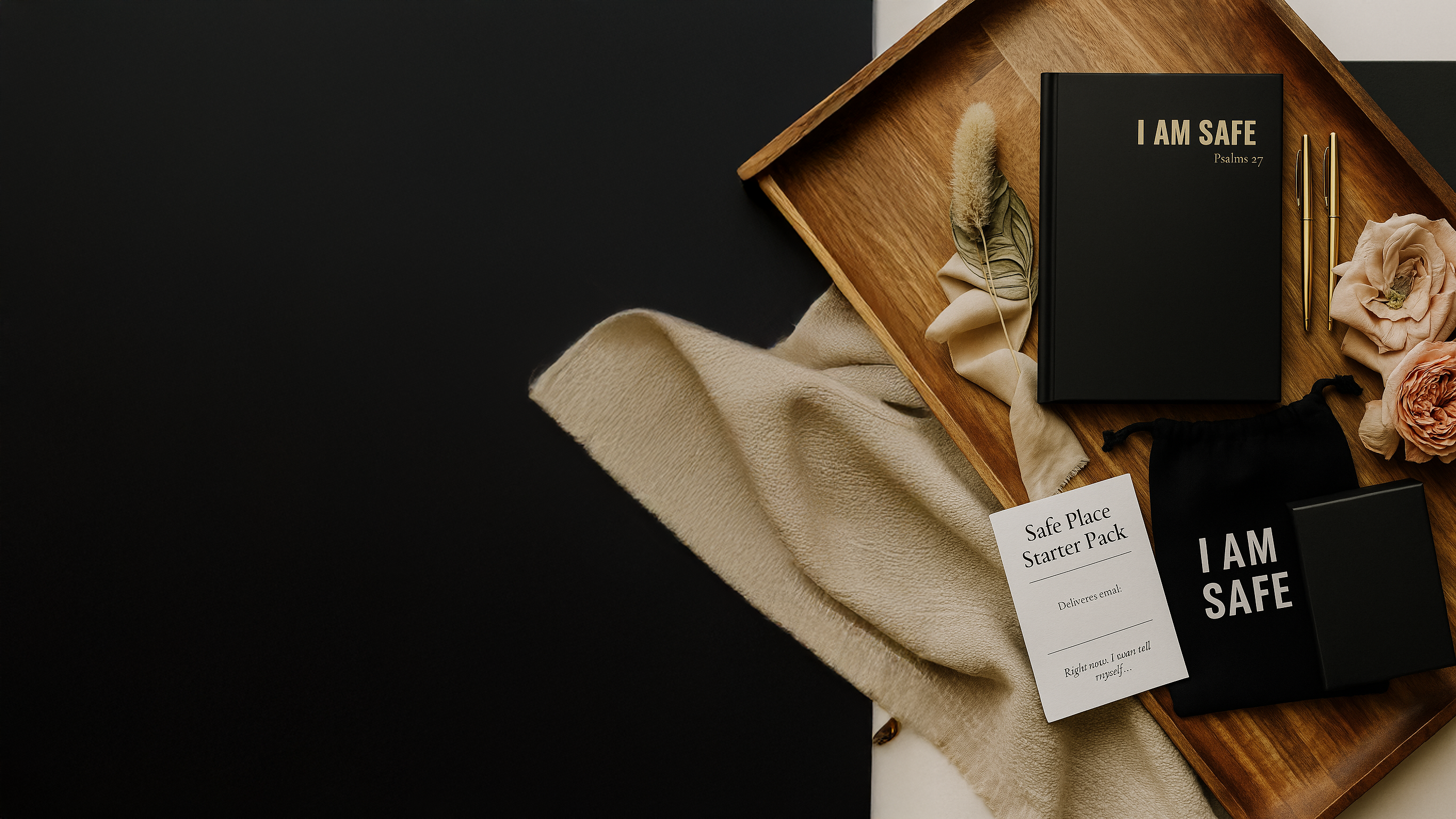 Black 'I AM SAFE' journal on a wooden tray with flowers and a card.