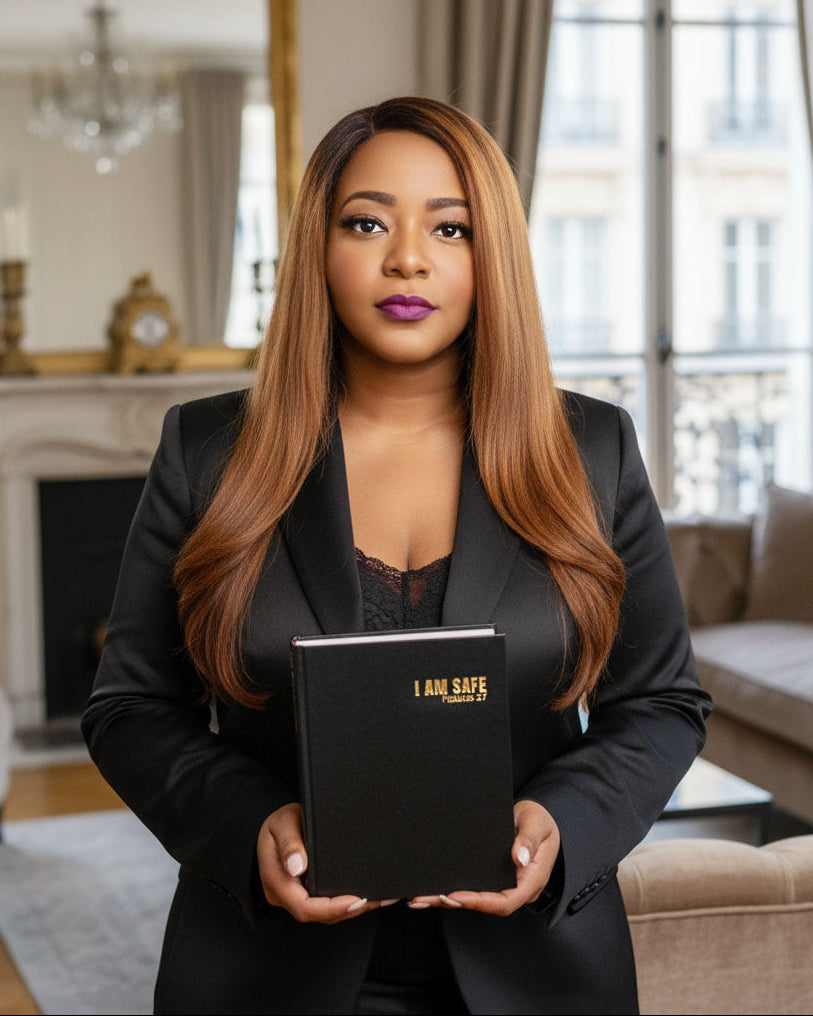 High-fashion portrait of a woman lounging on a luxurious white couch in a Parisian setting, holding the closed navy 'I AM SAFE Journal'. The image promotes a lifestyle of luxury, self-care, and mindfulness with the journal clearly visible.