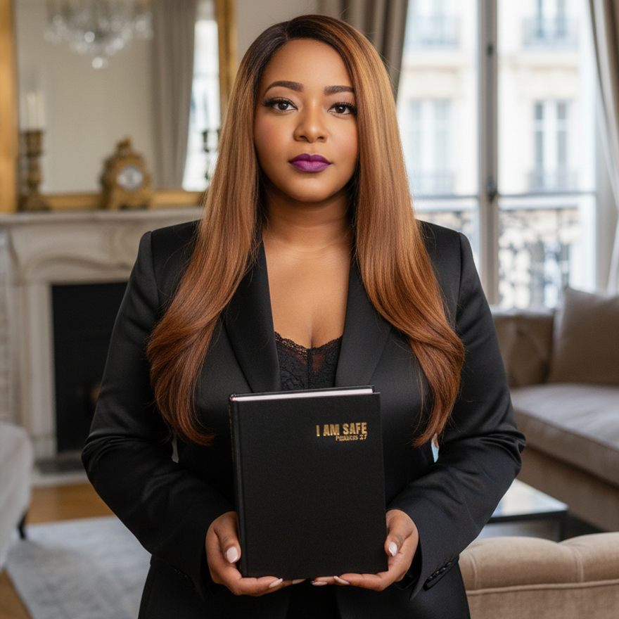 Woman sitting on a couch with a book titled 'I AM SAFE' in front of her.